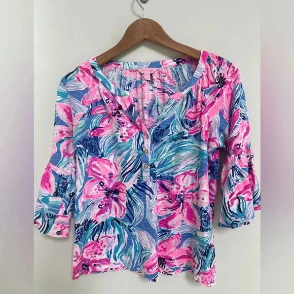 Lilly Pulitzer Flounce Sleeve Floral Ruffle Top Size Small - Picture 1 of 10